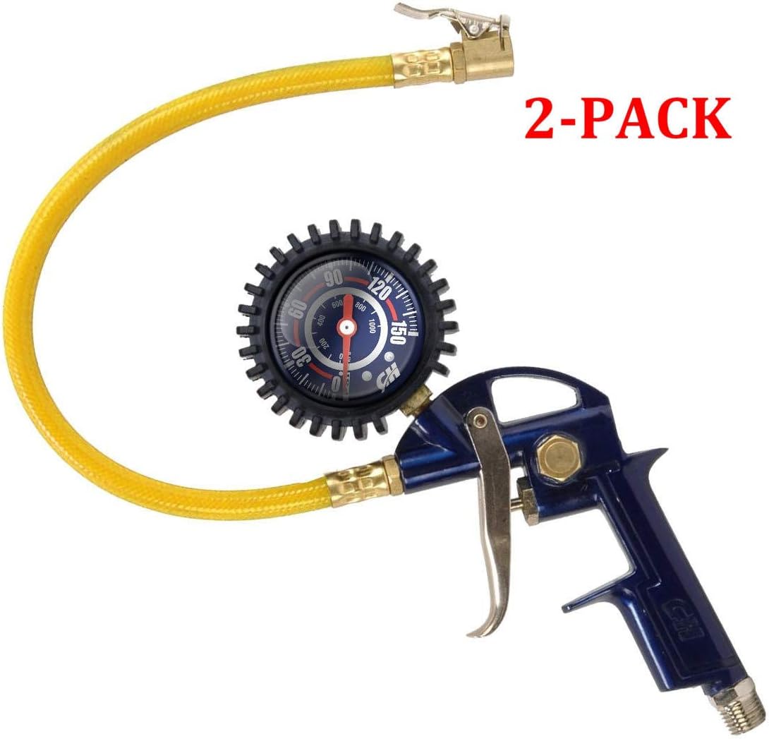 Tire Inflator, 3-in-1 Inflation Gun, with Gun, Locking Chuck and 2-inch Gauge, ¼” NPT and Flexible Hose, 3-in-1 Tire Inflator w/Gauge (3-in-1 Tire Inflator w/Gauge (2-Pack))