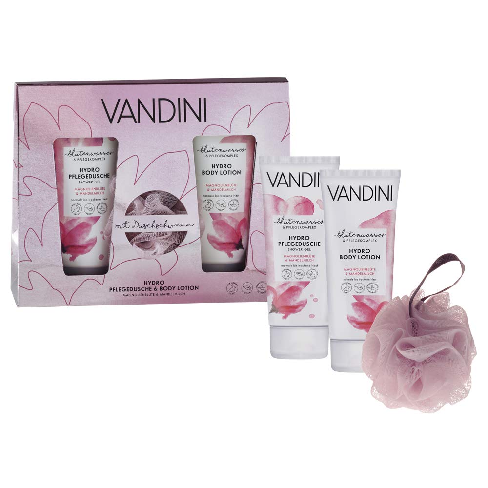VANDINI Gift set with massage sponge, hydro body lotion and shower care (2 x 200 ml) - magnolia flower and almond milk