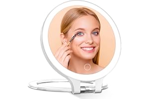 FAMIHOMII Rechargeable Magnifying Makeup Mirror 10X/1X Double Sided Lighted Travel Makeup Mirror with 3 Color Light Adjustable Rotation, LED Vanity Tabletop Portable Desk Cosmetic Foldable Mirror (No Bag)