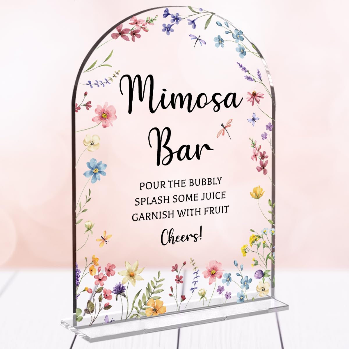 Photo 1 of Wedding Sign Decor, Arch Acrylic Mimosa Bar Sign, Wedding Sign for Reception & Event Party,Bridal Shower Decorations, Wedding Table Sign Accessories for Anniversary And Event 5x7 Inch (Flower)