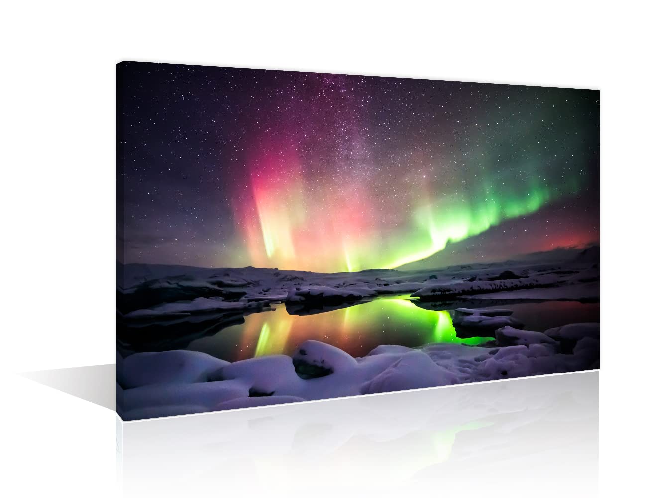 TISHIRON Wall Decorations for Living Room Green and red Aurora Wall Art The Jokulsarlon Lagoon Iceland Wall Painting 1 Piece Aurora Room Decoration Modern Artwork Framed Ready to Hang (16" Wx24 H)