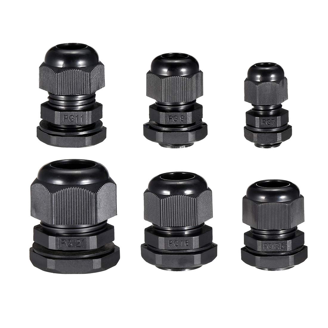 sourcing map 30 Pcs (5 Pcs of Each Model) PG7 PG9 PG11 PG13.5 PG16 PG21 Waterproof IP68 Nylon Cable Gland Joint Adjustable Locknut for 3.5mm-18mm Dia Cable Wire