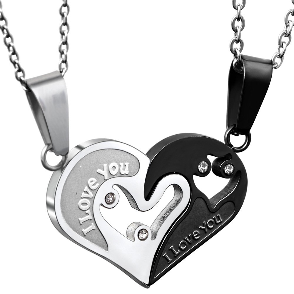JewelryWe Valentine Love Gifts 2pcs His and Hers Heart Stainless Steel Pendant I Love You Promise Necklace Set - Black/Silver Tone (One Pair)