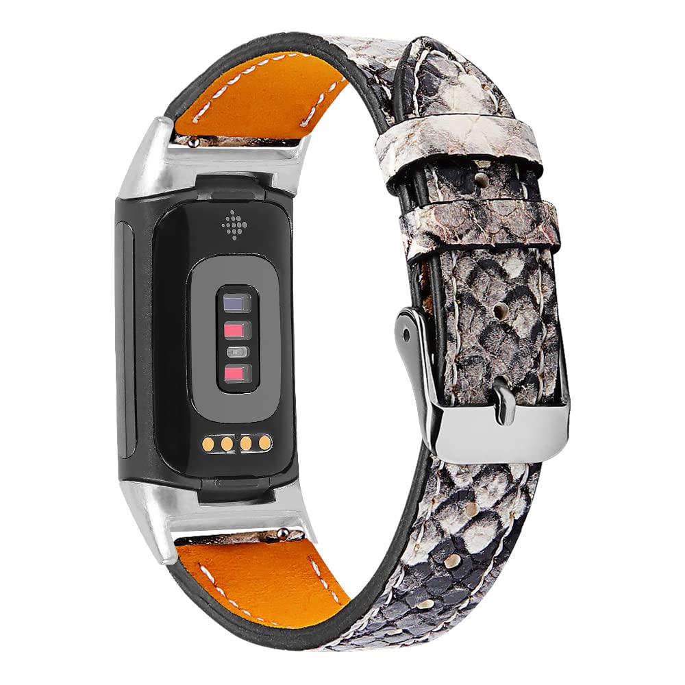 Gimuk Compatible with Fitbit Charge 5 Strap for Women Men, Genuine Leather Adjustable Sports Strap Replacement Wristband for Charge 5 Tracker Small Large (Snakeskin Black) — image 1