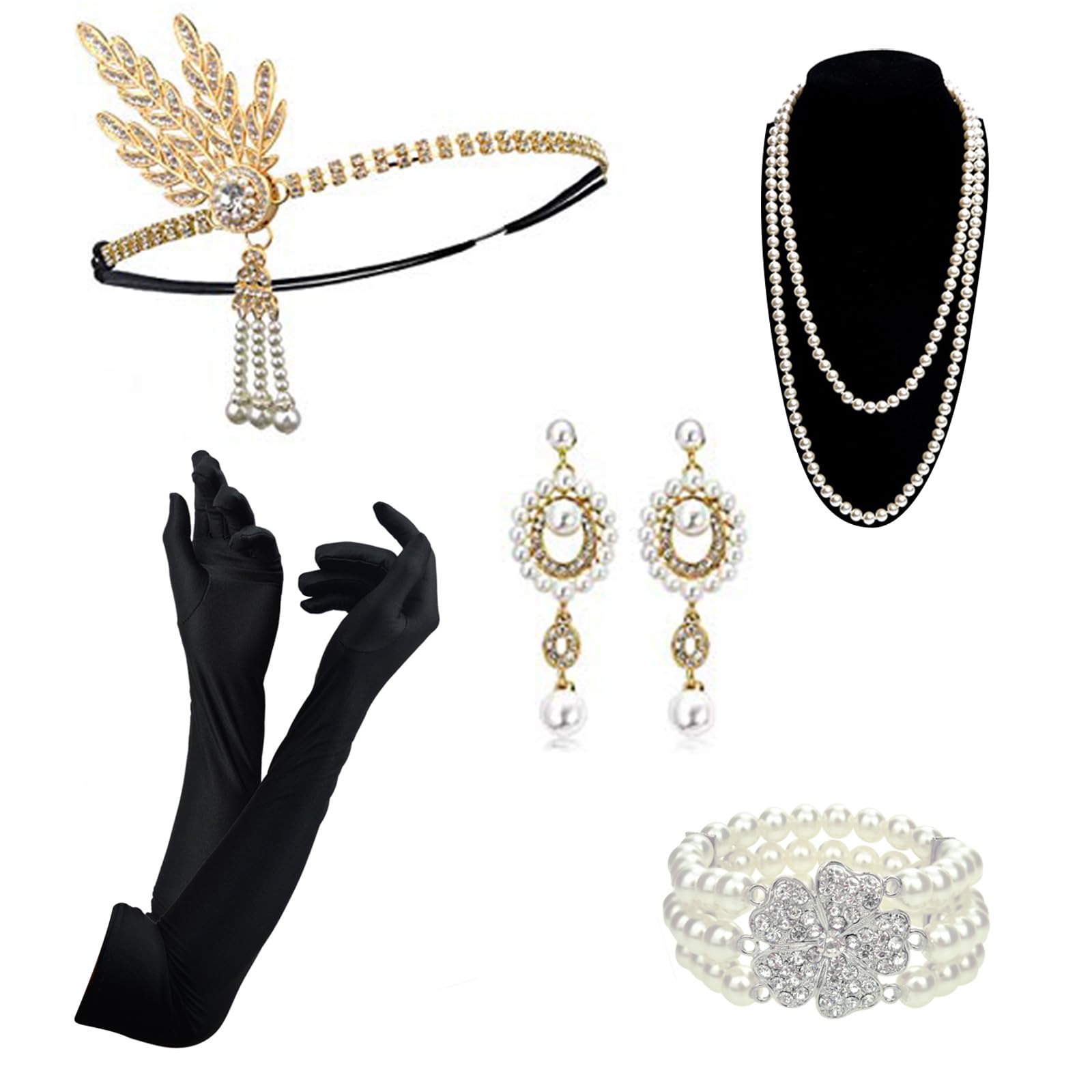 DRESHOW 1920s Accessories Sets Flapper Costume Gatsby Feather Headband Long Necklace Black Gloves