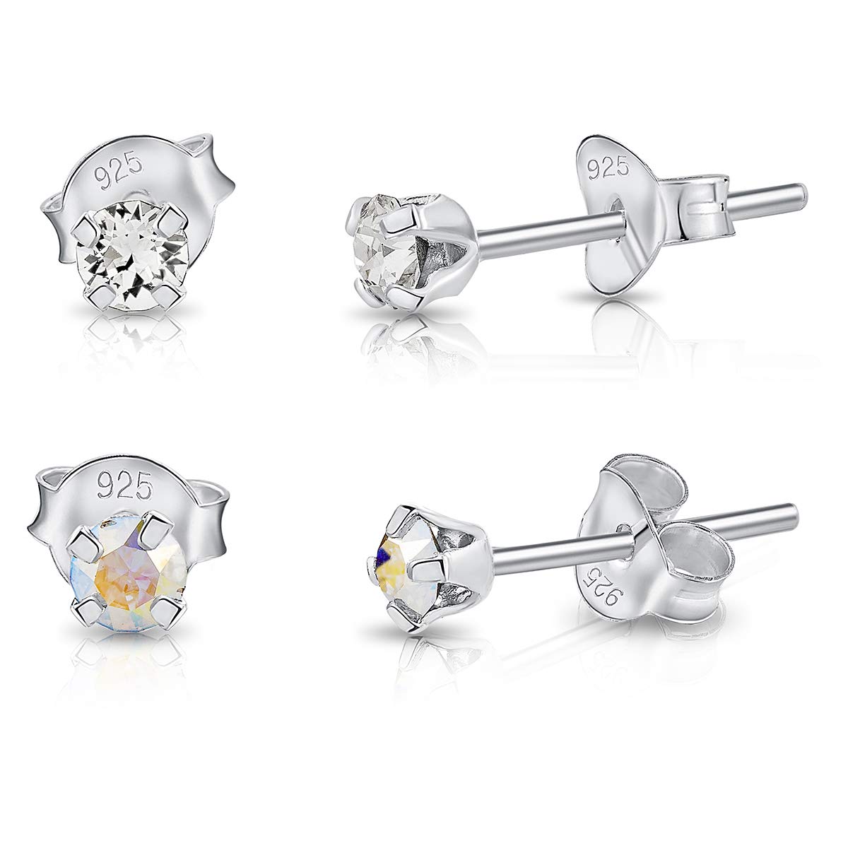 DTPSilver - Set of 2 PAIRS of 925 Sterling Silver Round TINY Stud Earrings made with Glittering Crystals from Swarovski® Elements - Diameter: 3 mm - Colour : Aurora Borealis