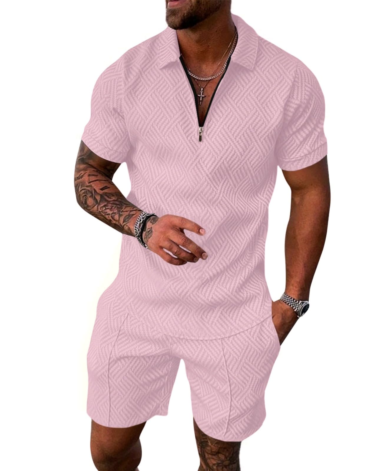 Photo 1 of Aulemen Mens 2 Piece Zip Tracksuit Short Sleeve Print Polo Shirt and Shorts Sets Summer Outfits for Men Pink XL