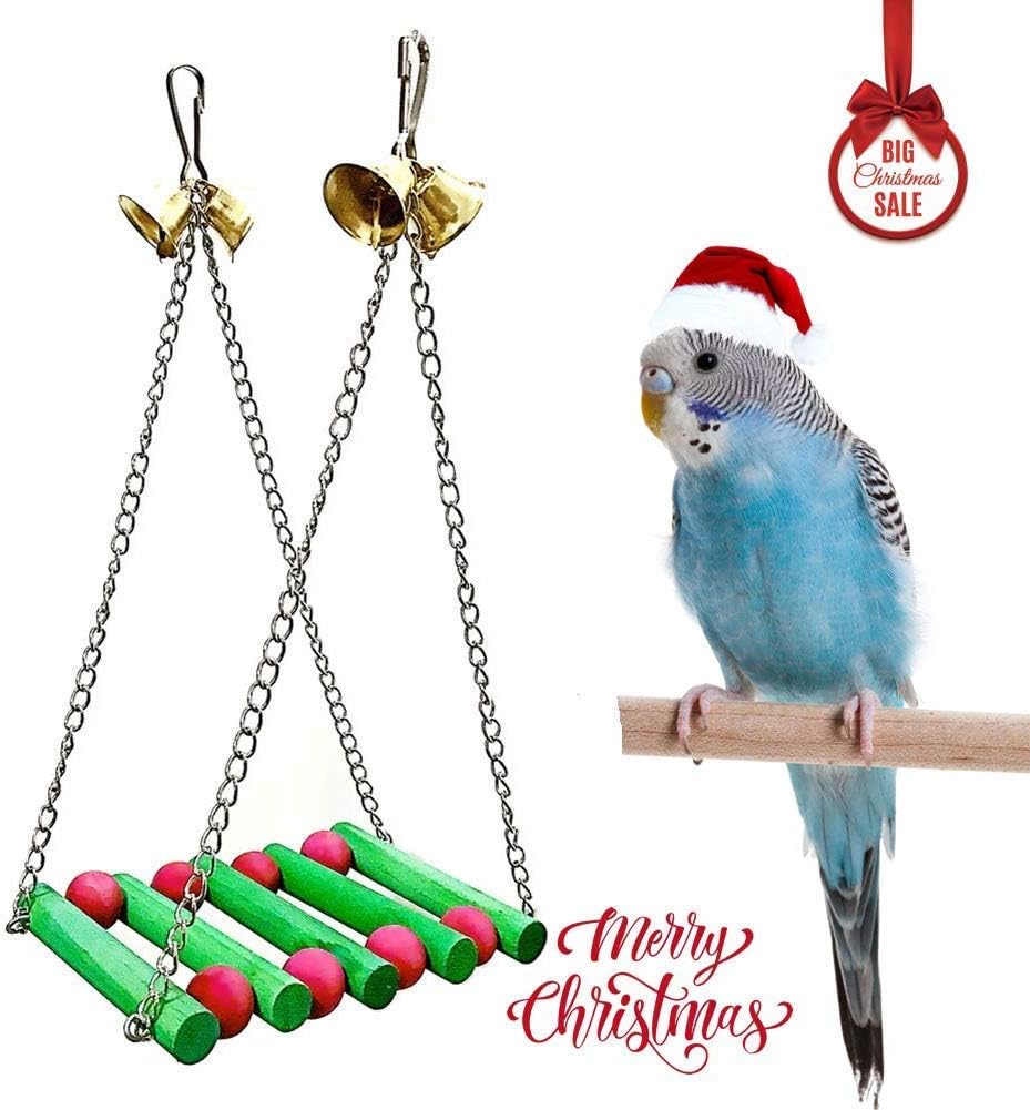 XMSSIT Pet Parrot Hanging Swing Toy Cage Hanging Christmas Style Wooden Stand with Lovely Bell