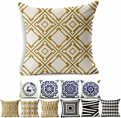 Cotton Linen Square Shams Decorative Throw Pillow Cover Cushion Case (Dark Gold Pattern 004)Set of 1 Hidden Zippered for Sofa,Couch,Bed and Chair Fit 18x18 Inserts