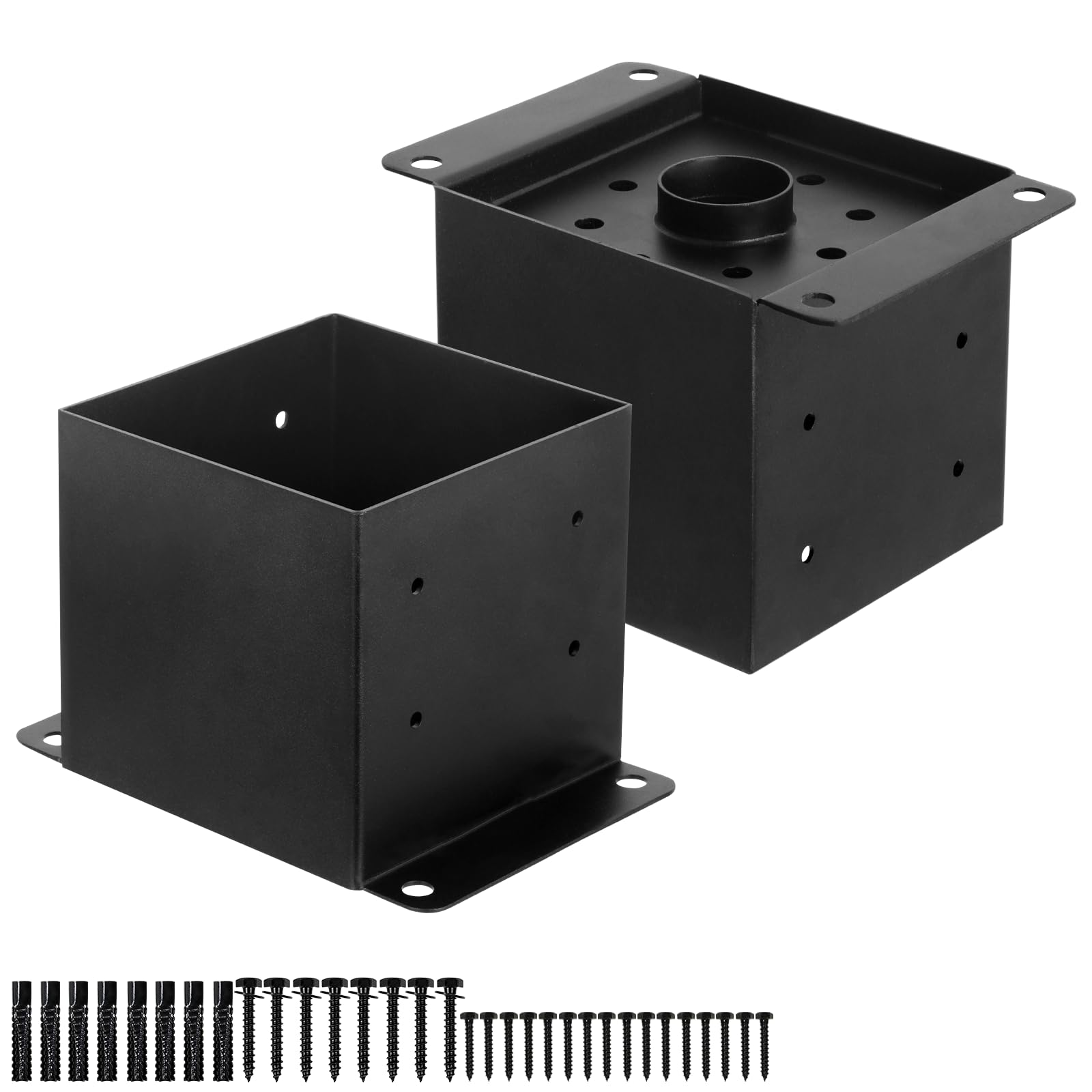 Photo 1 of FMhotu 6x6 Post Base 2 Pcs,Inner Size 5.5"x5.5" Post Base Brackets, Heavy Duty Powder-Coated Post Anchor Fence Post Anchor,Black Wood Post Brackets for Pavilion Deck Railing Support Deck Base Plate