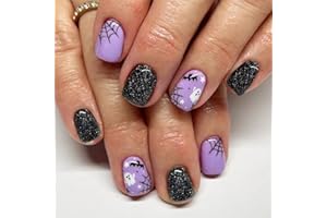 JNRNALI Halloween Press on Nails Short Square Fake Nails with Black Glitter Design Halloween Glue on Nails Full Cover Halloween Nails Stick on Nails for Women and Girls Halloween Nail Art Decoration 24Pcs