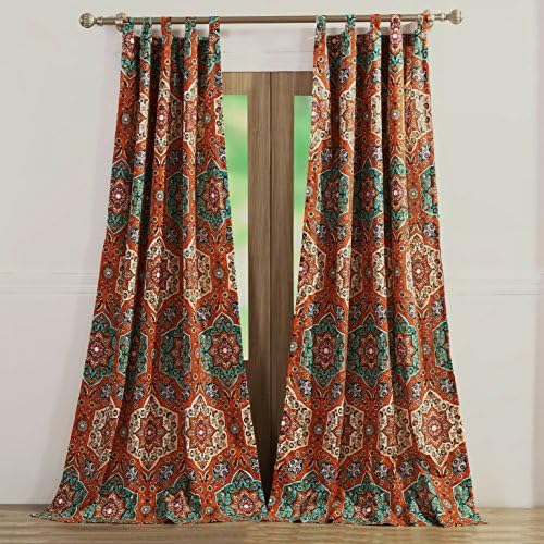 Window Treatments Tab Top Curtains Panels Lined Bohemian Boho Chic Geometric Medallion Mandala Floral Design Neutral Blue Orange - 84 Inch Length Long Pair Set of 2- Includes Bed Sheet Straps