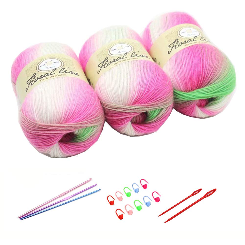 3X 100g Rainbow Wool Yarn Balls Chunky Knit Double Pom Pom Coloured Chunky Wool with 3 Crochet Hooks, 2 Needles, 10 Crochet Locking Stitch Markers for Beginners (206)