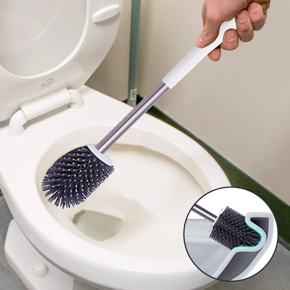 BOOMJOY Toilet Brush and Holder Set, Silicone Bristles Bathroom Cleaning Bowl Brush Kit with Tweezers - White: Kitchen & Dining
