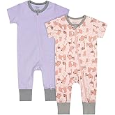 Teach Leanbh Baby Boys Girls 2 Pack 2 Way Zipper Footless Pajamas Cotton Short Sleeve Printing Romper Sleep and Play
