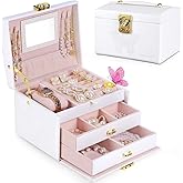 Pretty Comy Jewelry Box for Girls & Women, 3-Layer PU Leather Jewelry Organizer with Mirror, Travel Jewelry Case for Earrings, Rings, Necklaces, Christmas Birthday Gift for Girl & Women