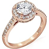 Amazon Essentials Platinum or Gold Plated Sterling Silver Round Halo Ring Made with Infinite Elements Zirconia