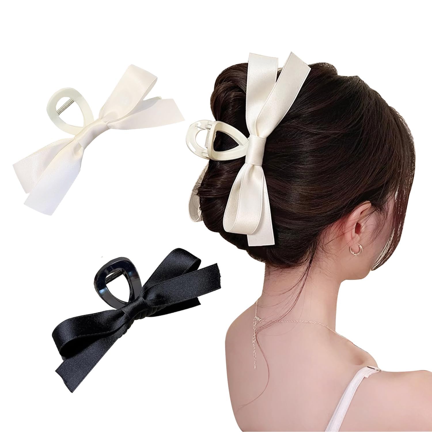 Proamate Bow Hair Claw Clip for Women Girls,Bow-knot Hair Claw Clips Barrettes for Thick Thin Hair,Big Bows Hair Claws Barrette,Nonslip Hair Clips for Women (2 PCS, White&Black)
