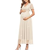 AISWI Maternity Sparkly Mesh Maxi Dress Ruffle Sleeve Wrap V Neck Flowy Pregnancy Dresses Baby Shower Photoshoot Formal