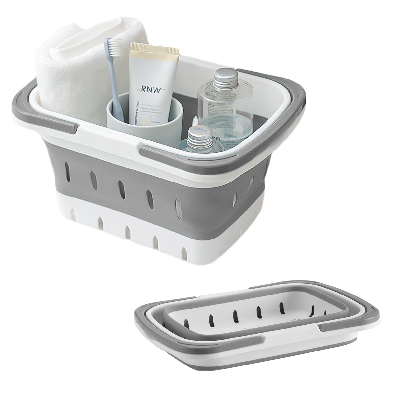 Photo 1 of Portable Plastic Shower Caddy Basket - Versatile Collapsible Bath Caddy with Handle - Perforated Travel Shower Basket Organizer for Bathroom, Dorm Room, Kitchen, Gym, RV - Grey | 1-Pack