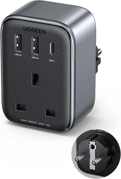 UGREEN UK to EU Plug Adapter 30W GaN PD USB C Travel Plug for Germany France