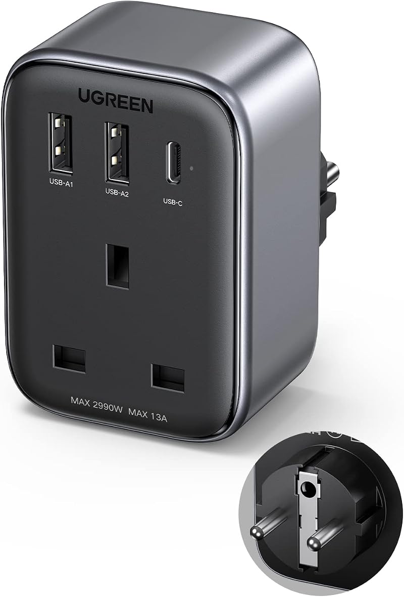 UGREEN UK to EU Plug Adapter 30W GaN PD USB C Travel Plug for Germany France