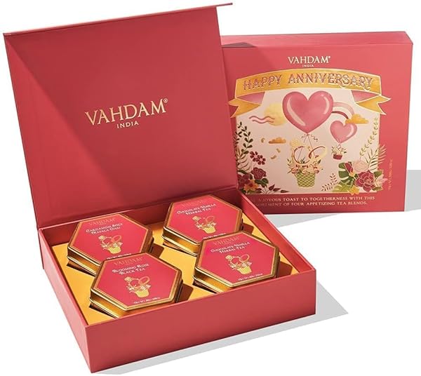 VAHDAM, ANNIVERSARY TEA GIFT SETS (7.05OZ/100+ CUPS) GIFT BOX FOR COUPLE | 4 LOOSE LEAF TEA – GREEN TEA, HERBAL TEA | GLUTEN FREE, NON GMO | GIFTS FOR WOMEN, GIFTS FOR MEN, GIFTS FOR HIM/HER