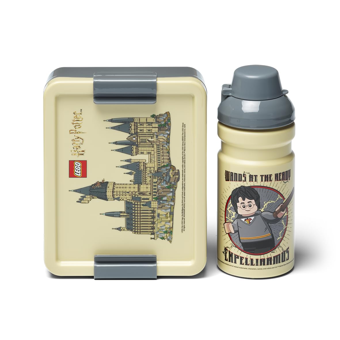 Room Copenhagen Lego Lunch Set - Harry Potter Hogwarts Design, 390ml Bottle & Lunch Box for Kids & Adults, Dishwasher Safe, Perfect for Meals on The Go, Beige & Grey