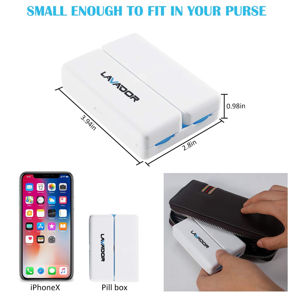 Pill Case,Portable Magnetic Foldable Pill Organizer with 7 Compartments Perfect for Pocket or Purse,Travel Pill Box for Pills/Vitamin/Fish Oil/Supplements (2 Pack) (Blue)