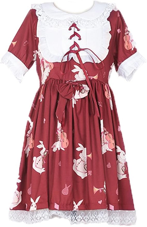 Amazon Co Jp Pancy 春夏 洋服 レディース ワンピース ロリータ ドレス 丸襟 リボン かわいい うさぎ お茶会 イベント用 赤白 レッド半袖 M 服 ファッション小物