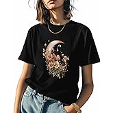 T Shirts for Women Graphic Tees Moon Crew Neck Short Sleeve Shirts for Women Mushroom Flower Casual T-Shirt