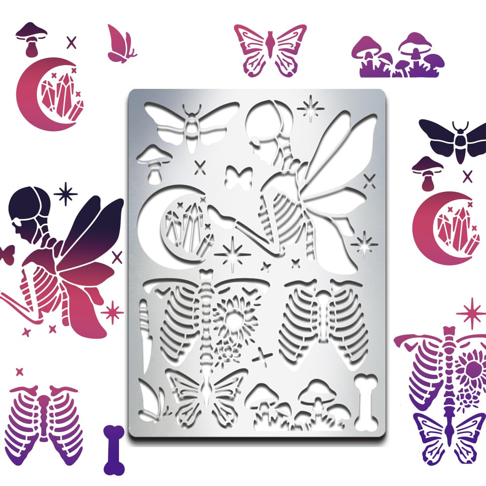 MAYJOYDIY Skeleton Wings Metal Stencil, Skull Moth Painting Stencils, 14×19cm Moon Star Butterfly Mushroom Reusable Drawing Template for Scrapbooking Album Journaling Card Wall Paper Gift Decoration