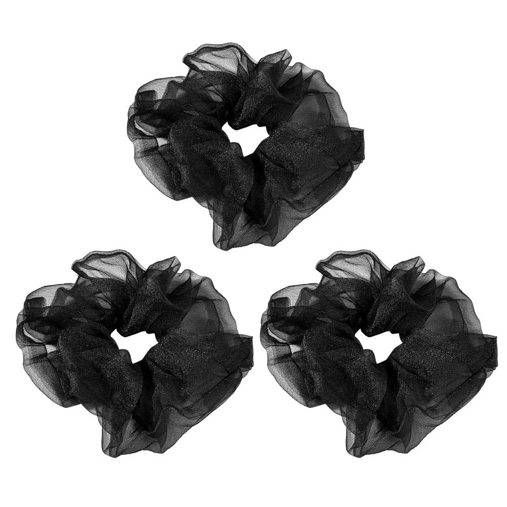 FRCOLOR 3Pcs Organza Hair Ties Mesh Chiffon Elastic Hair Scrunchies Hair Ponytail Ropes Accessory for Summer Women Daily Wearing Dressup Outdoor Supply(Black)