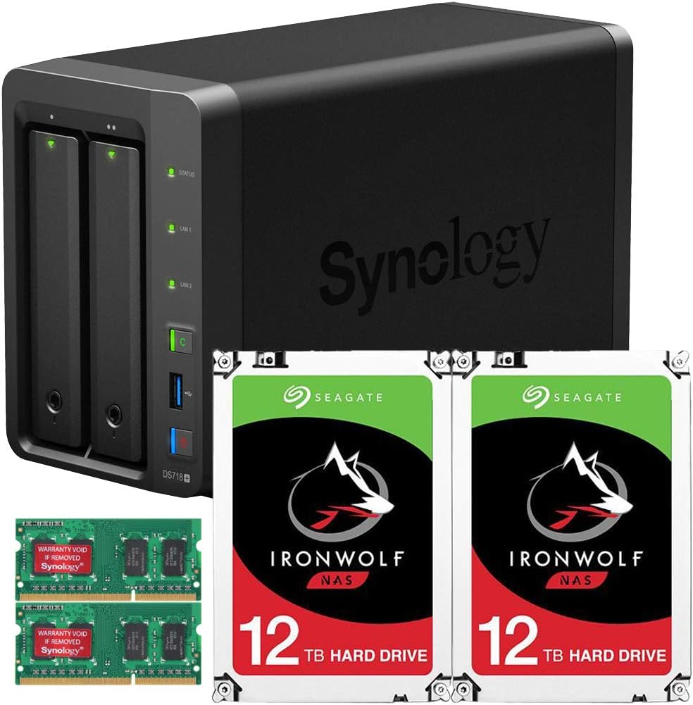 Synology DS718+ 2-Bay DiskStation NAS Bundle with 8GB RAM and 24TB (2 x 12TB) of Seagate Ironwolf NAS Drives Fully Assembled and Tested by CustomTechSales …