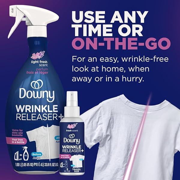 DOWNY WRINKLE RELEASER SPRAY | ALL IN ONE WRINKLE RELEASE SPRAY, ODOR ELIMINATOR, STATIC REMOVER | FABRIC REFRESHER & IRONING AID FOR CLOTHES | 33.8 FL OZ, LIGHT FRESH SCENT