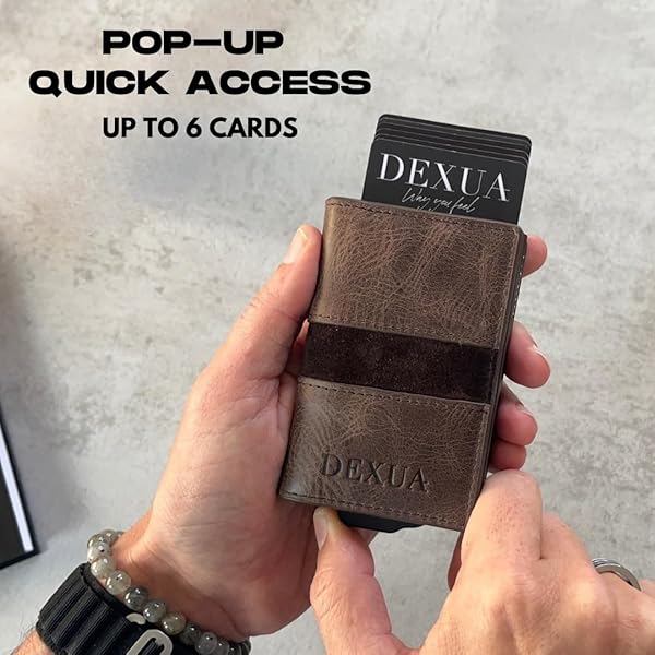 DEXUA MENS WALLET, GENIUNE LEATHER SLIM WALLET, RFID BLOCKING POP-UP CARD HOLDER, TOTAL 9 CARDS CAPACITY, CASH SLOT, MAGNETIC CLOSURE, GIFT READY