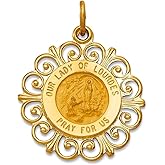 JewelryWeb 14k Yellow Gold Solid Satin Polished Our Lady of Lourdes Medal Pendant Necklace 19x19mm Pendant for Women