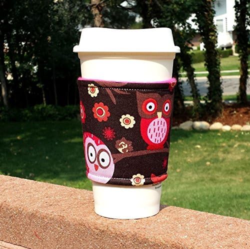 Fabric coffee cozy / cup sleeve / coffee sleeve / coffee cup holder -- Happy Owls