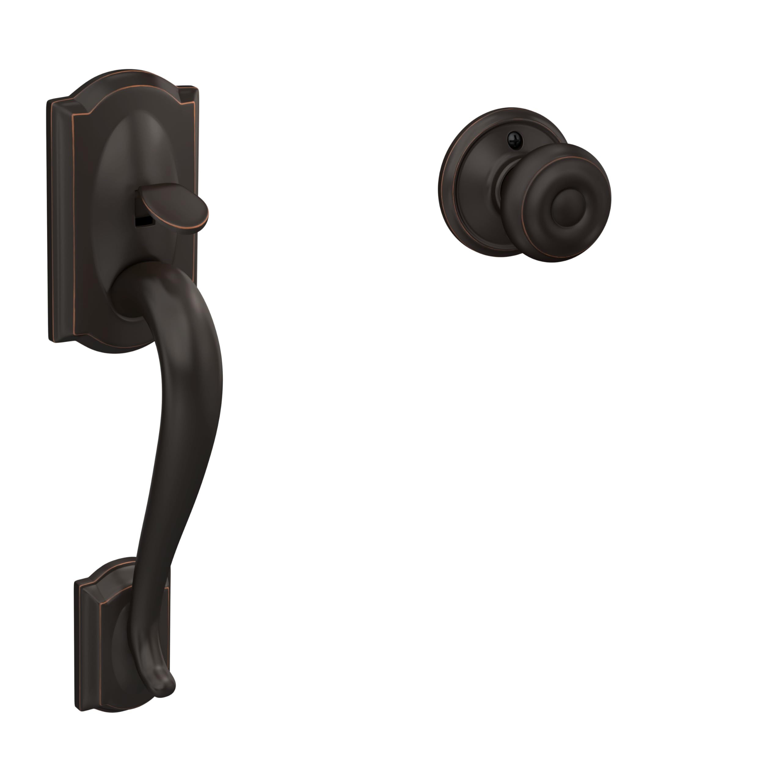 Photo 1 of ** MISSING DOORKNOB**Schlage FE285 CAM 716 GEO Camelot Front Entry Handleset with Georgian Knob, Lower Half Grip, Aged Bronze
