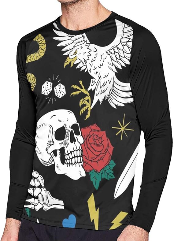 Men TShirt Skull Skeleton Eagle Dice Long Sleeve Tee