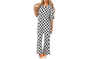 OPEMIBY Women 2 Piece Outfits Ribbed Casual Checkered Boxy Sleeve Top and Wide Leg Pants Matching Lounge Set