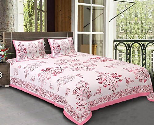 Khushal Homes Birds Print Cotton Double Bedsheet with 2 Pillow Covers– King Size, Pink
