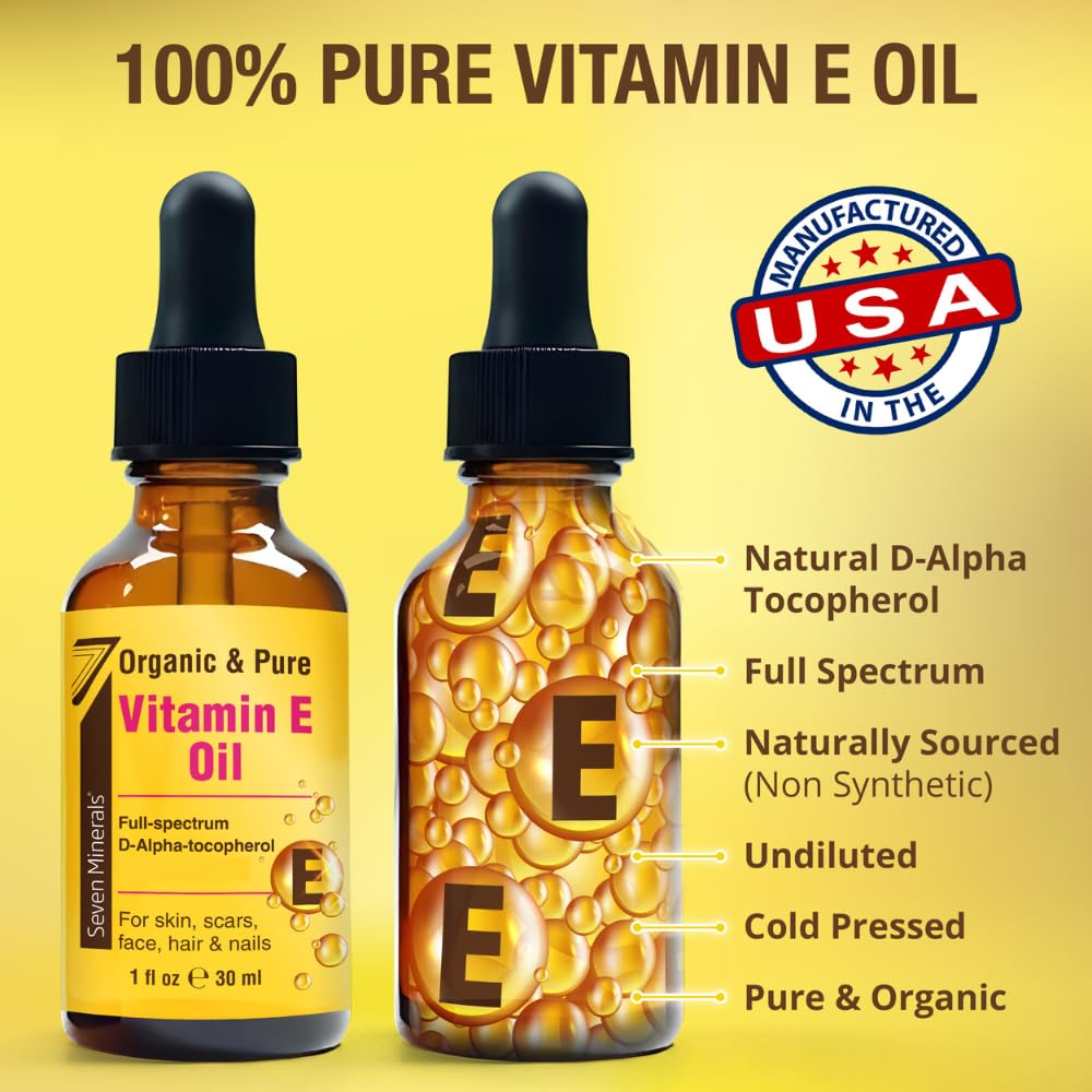 Seven Minerals Ultra Pure Vitamin E Oil - Full-Spectrum D-Alpha Tocopherol, 1 Fl Oz - 100% Organic Vitamin E Oil for Skin, Face, Hair, and Scars - Naturally Occurring = Not Synthetic