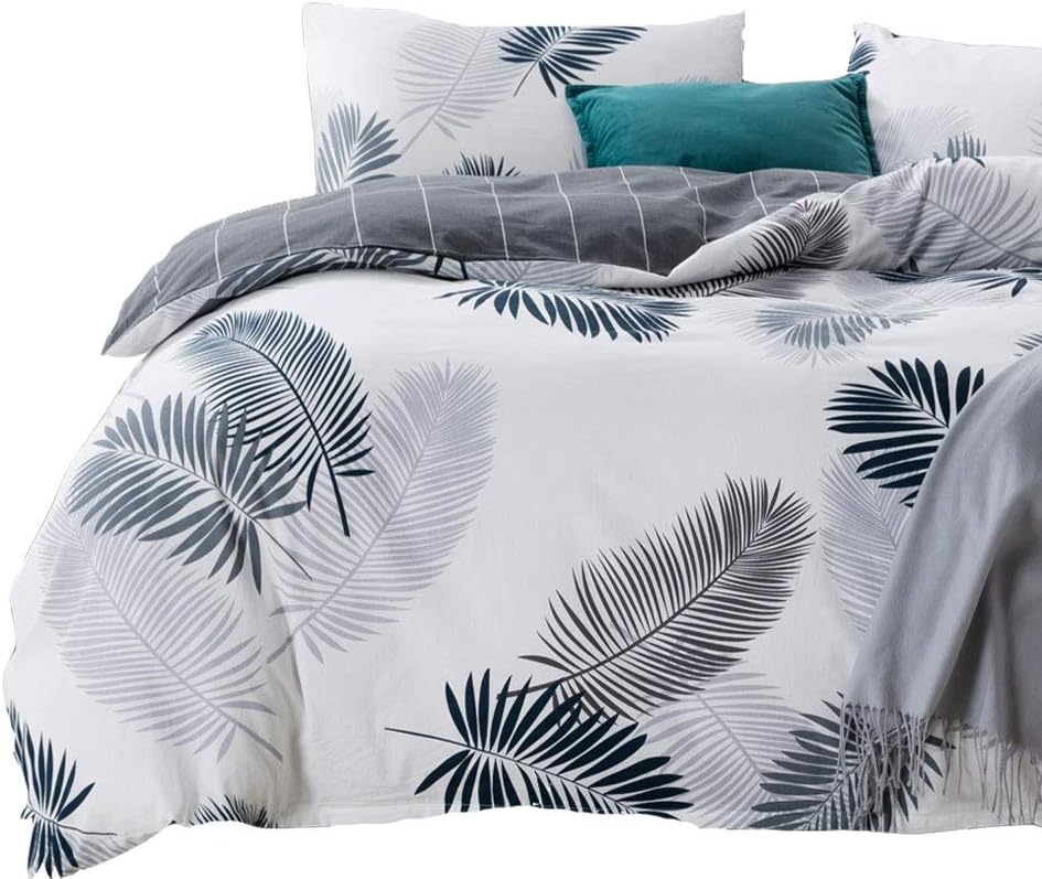 ATsense Duvet Cover Queen, 100% Cotton, Grey Plam Tree Leaves, 3-Piece, Ultra Soft and Easy Care, Simple Fashion Style Bedding Set (Q001YY)