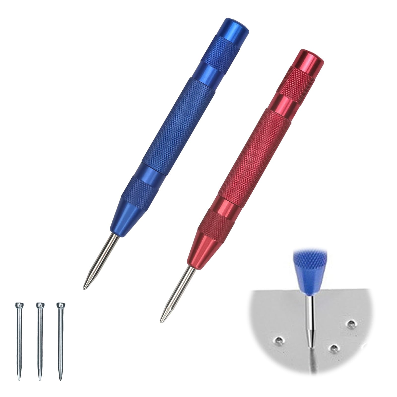 2 Pieces Centre Punch for Metal, AMONENZ Nail Punch 130 mm, Automatic Centre Punch with 3 Replacement Tips, Adjustable Tension, Nail Punch Set for Metal, Wood, Glass, Sheet Steel