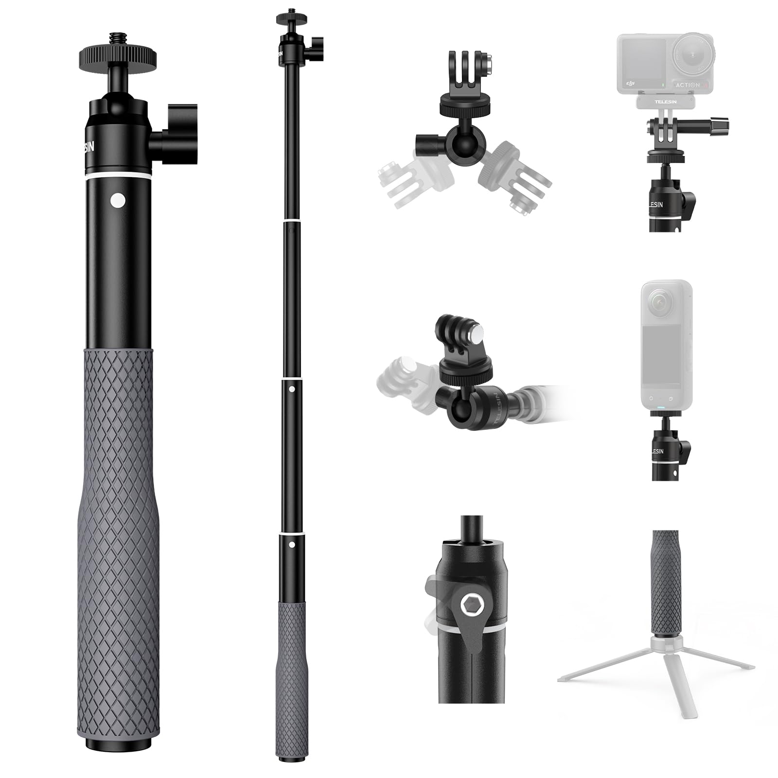 TELESIN° 61cm Selfie Stick for GoPro Hero 13 12 11 10 9 8 7 6 Max, Insta360, DJI Osmo, Rust-Resistant Non-Slip Silicone Grip with Anti-Drop Wrist Strap, Action Camera Accessories