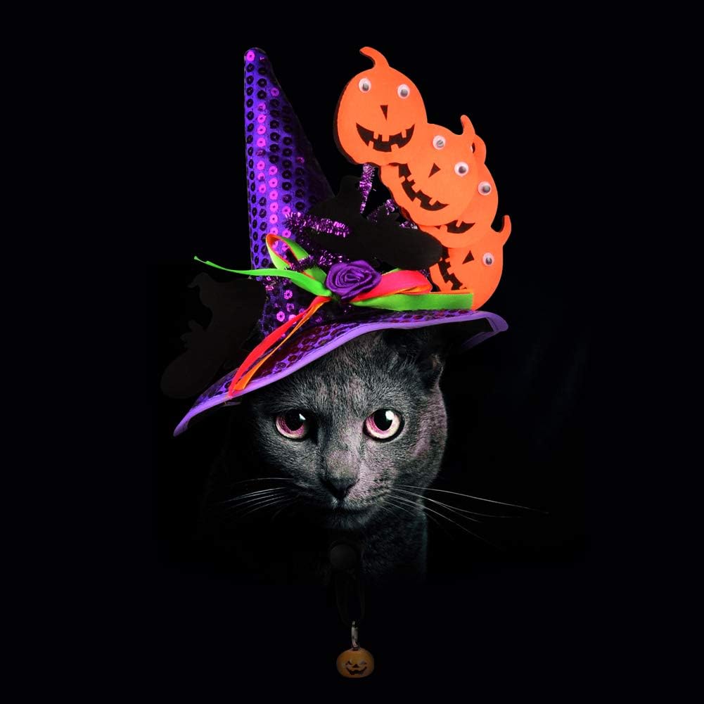 PETLOFT Halloween Top Hat Costume for Pets, Adjustable Cute Topper Headwear Holiday Party Cat Dog Halloween Costumes Hats, Pet Halloween Witch Pet Hat with Pumpkin Bells