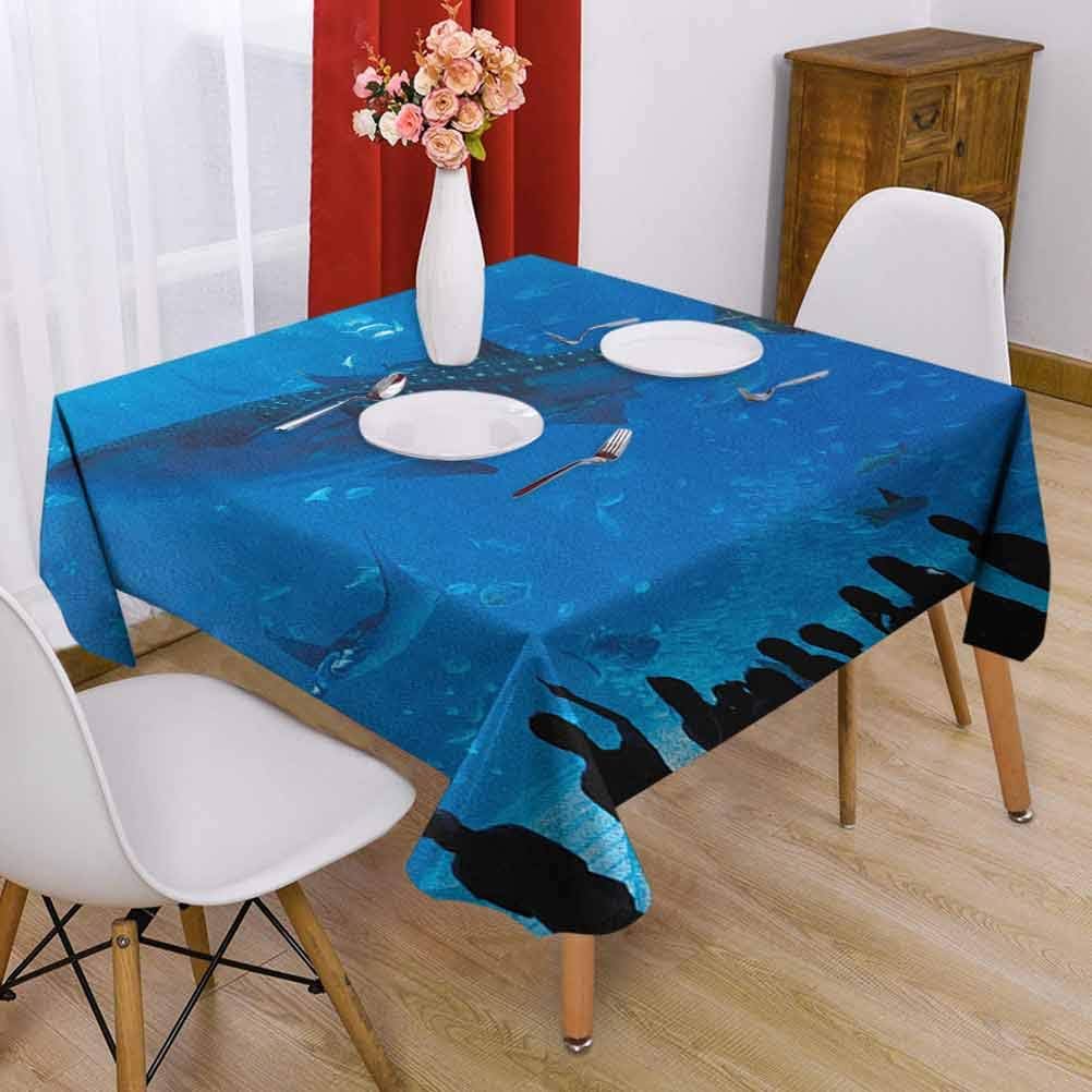 Shark Square Tablecloth Camping 63 x 63 inch Japanese Aquarium Park with People Silhouettes Watching Underwater Life Hobby Image for Relatives Blue Black
