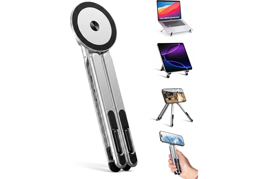 werfami 4-in-1 Foldable Laptop Stand & Magnetic Phone Holder, Silver Aerospace Aluminum Portable Desk Mount with N52 MagSafe Compatible Tripod Handle for MacBook Pro, iPad, Travel & Vlogging