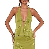 SOLY HUX Women's Floral Print Halter Backless Vintage Camisole Crop Tops Summer Beach Vacation Cute Tops